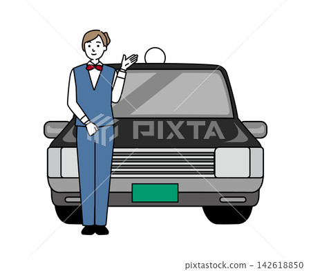 A young female driver standing in front of the taxi A young female driver standing in front of the taxi 142618850