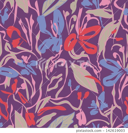 Pink Purple Hibiscus Botanical Floral seamless pattern design for fashion and home textiles, graphics and backgrounds 142619003