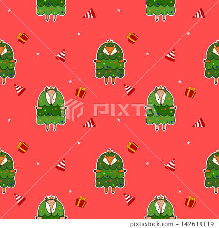 Fox reindeer in pine cartoon so cute.on hat star gift red background.Merry christman.pattern seamless vector and illustration. Fox reindeer in pine cartoon so cute.on hat star gift red background.Merry christman.pattern seamless vector and illustration. 142619119