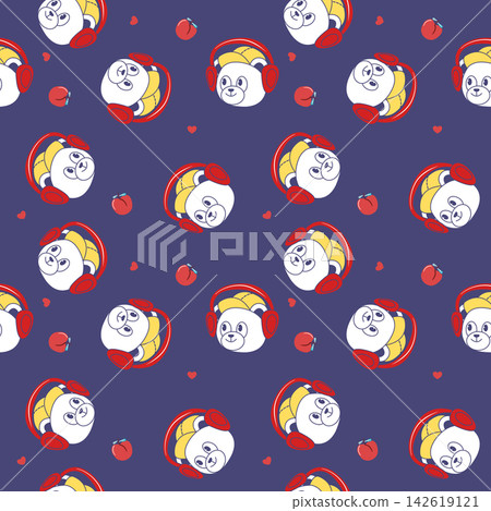 Face white bear cartoon so cute wearing red headphones and yellow hat.on peach heart purple background.seamless pattern vector and illustration. Face white bear cartoon so cute wearing red headphones and yellow hat.on peach heart purple background.seamless pattern vector and illustration. 142619121
