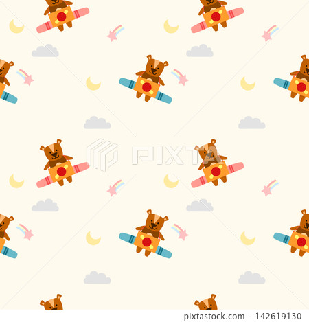 Bear cartoon so cute playing with a cardboard airplane.on cloud star rainbow moon yellow background.pattern seamless vector illustration. Bear cartoon so cute playing with a cardboard airplane.on cloud star rainbow moon yellow background.pattern seamless vector illustration. 142619130