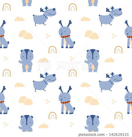 Deer bear blue cartoon so cute.on mountains rainbow clouds stars white background.pattern seamless vector and illustration. Deer bear blue cartoon so cute.on mountains rainbow clouds stars white background.pattern seamless vector and illustration. 142619131