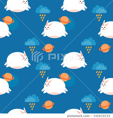 Fat rabbit cartoon so cute in the sky.on cloud rain blue background.pattern seamless vector illustration. Fat rabbit cartoon so cute in the sky.on cloud rain blue background.pattern seamless vector illustration. 142619132