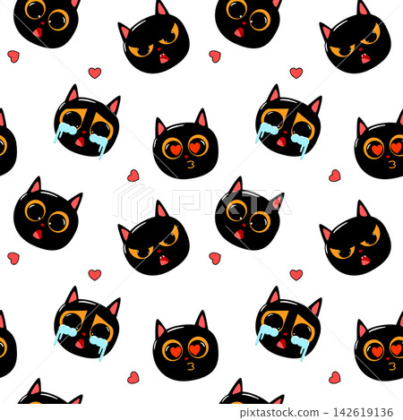 Face black cat cartoon so cute.cry angry cute in love.on red heart and white background. Pattern seamless vector illustration. Face black cat cartoon so cute.cry angry cute in love.on red heart and white background. Pattern seamless vector illustration. 142619136
