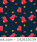Dinosaur red cartoon so cute.on star cloud background.pattern seamless vector and illustration. 142619139