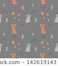 Cat orange gray cartoon so cute.on tree geometry gray background.seamless pattern vector illustration. 142619143
