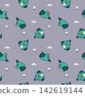Bird green cartoon so cute.on cloud flower gray background.pattern seamless vector and illustration. 142619144