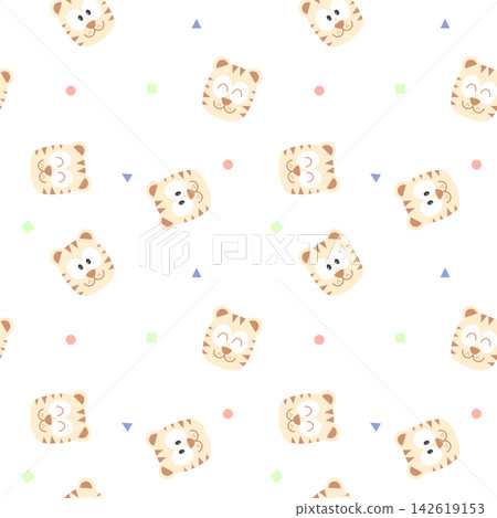 Face Tiger smile cartoon so cute.on geometry white background.pattern seamless vector illustration. 142619153