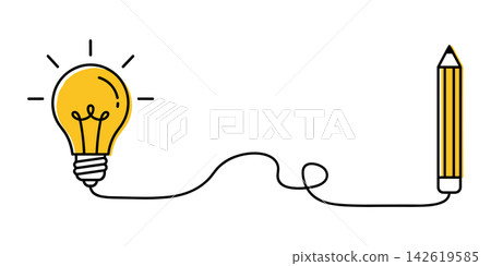 Creative concept with a light bulb and a pencil connected by a line, symbolizing the process of turning ideas into reality, isolated on white background Creative concept with a light bulb and a pencil connected by a line, symbolizing the process of turning ideas into reality, isolated on white background 142619585