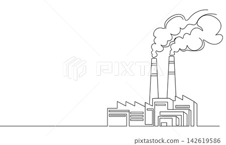 Factory building with smoking chimneys, continuous line drawing Factory building with smoking chimneys, continuous line drawing 142619586
