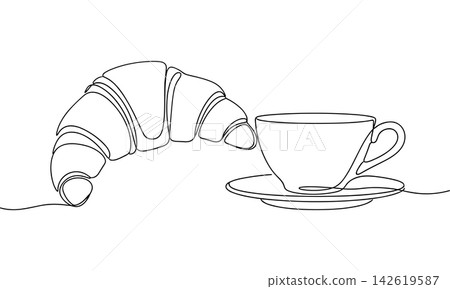 Continuous line drawing of a croissant and a cup of coffee isolated on white background Continuous line drawing of a croissant and a cup of coffee isolated on white background 142619587