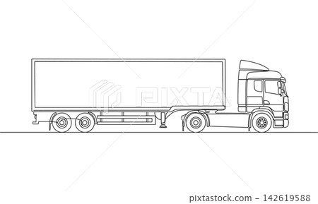 Continuous line drawing of a heavy cargo truck isolated on white background Continuous line drawing of a heavy cargo truck isolated on white background 142619588