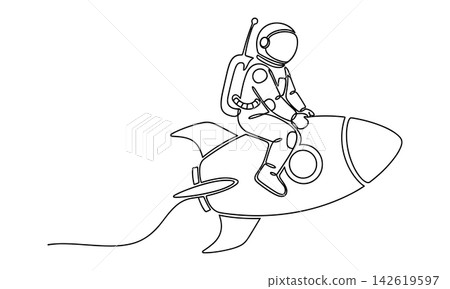 Continuous line drawing of an astronaut riding a rocket isolated on white background Continuous line drawing of an astronaut riding a rocket isolated on white background 142619597