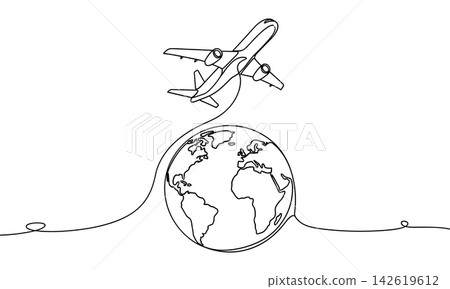 Continuous line drawing of an airplane flying over the globe Continuous line drawing of an airplane flying over the globe 142619612