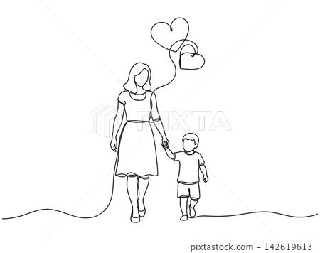 Continuous line drawing of a mother and son walking with heart balloons Continuous line drawing of a mother and son walking with heart balloons 142619613
