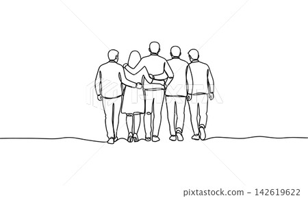 Continuous line drawing of a group of friends walking together Continuous line drawing of a group of friends walking together 142619622