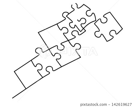 Jigsaw puzzle pieces connecting, continuous line drawing, isolated on white background 142619627