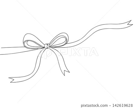 Decorative gift ribbon bow, continuous line drawing, isolated on white background 142619628