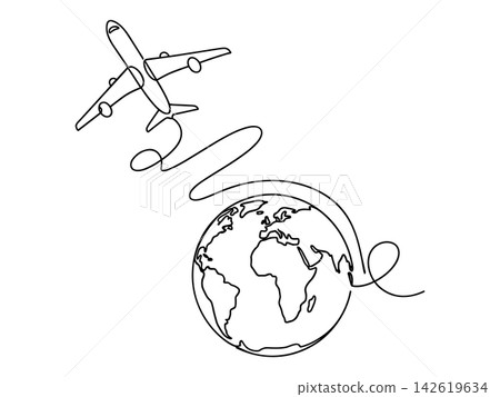 Continuous one line drawing of an airplane flying around the world isolated on white background Continuous one line drawing of an airplane flying around the world isolated on white background 142619634