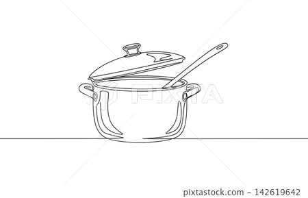 Continuous line drawing of a cooking pot with a ladle isolated on white background Continuous line drawing of a cooking pot with a ladle isolated on white background 142619642