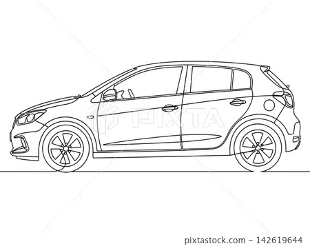 Continuous one line drawing of a modern hatchback car isolated on white background Continuous one line drawing of a modern hatchback car isolated on white background 142619644