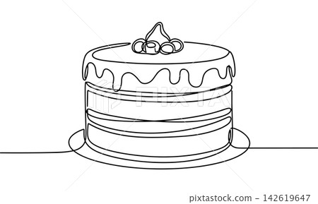 Continuous line drawing of a delicious cake with berries on top, minimalist style illustration Continuous line drawing of a delicious cake with berries on top, minimalist style illustration 142619647