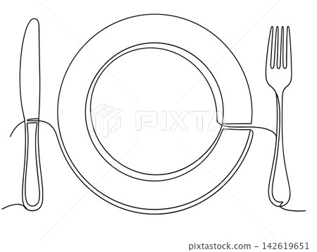 Continuous line drawing of a dinner plate with fork and knife isolated on white background Continuous line drawing of a dinner plate with fork and knife isolated on white background 142619651