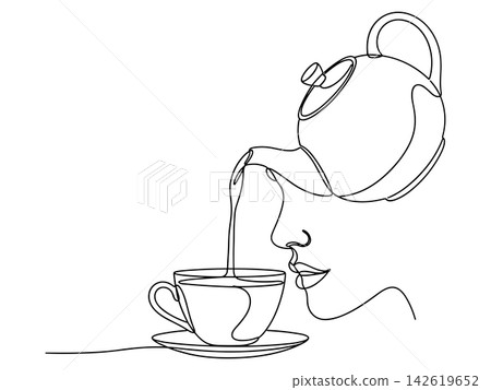 Continuous line drawing of a woman drinking tea isolated on white background Continuous line drawing of a woman drinking tea isolated on white background 142619652