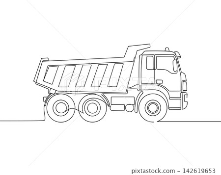 Continuous line drawing of a heavy dump truck for construction and transportation, isolated on white background Continuous line drawing of a heavy dump truck for construction and transportation, isolated on white background 142619653