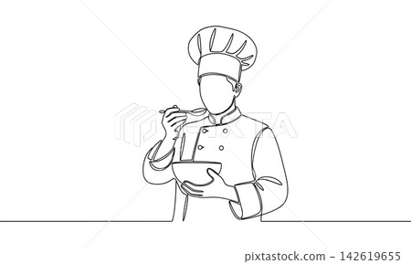 Continuous line drawing of a chef tasting food from a bowl, isolated on white background 142619655
