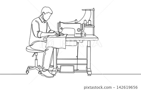 Continuous line drawing of a tailor working on a sewing machine, isolated on white background Continuous line drawing of a tailor working on a sewing machine, isolated on white background 142619656