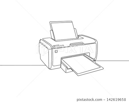 Continuous line drawing of a modern office printer, isolated on white background Continuous line drawing of a modern office printer, isolated on white background 142619658
