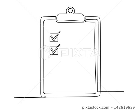 Continuous line drawing of a clipboard with a checklist, isolated on white background Continuous line drawing of a clipboard with a checklist, isolated on white background 142619659