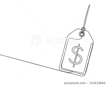 Continuous line drawing of a price tag with a dollar sign, isolated on white background Continuous line drawing of a price tag with a dollar sign, isolated on white background 142619660