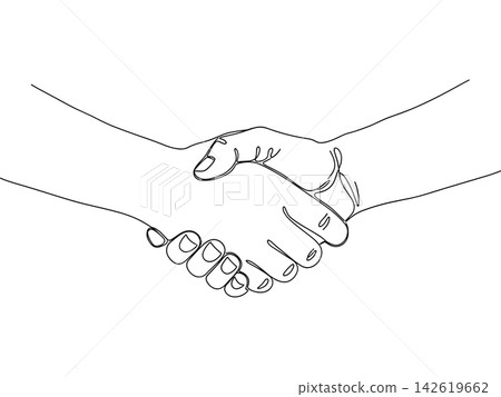 Continuous line drawing of two people shaking hands as a symbol of agreement, partnership, and business cooperation isolated on white background Continuous line drawing of two people shaking hands as a symbol of agreement, partnership, and business cooperation isolated on white background 142619662