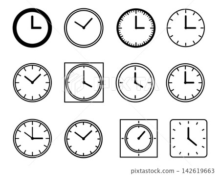 Set of various clock icons showing different times, simple black and white line art style for time management and schedule concepts Set of various clock icons showing different times, simple black and white line art style for time management and schedule concepts 142619663