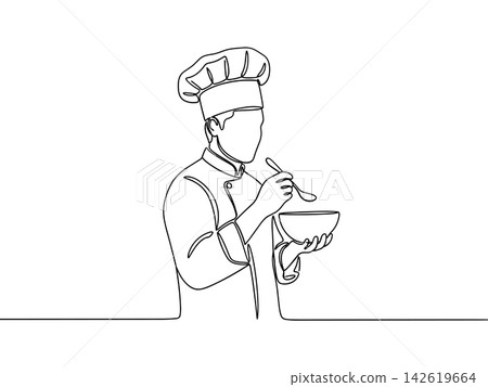 Continuous line drawing of a professional chef tasting food from a bowl with a spoon, culinary art and cooking concept isolated on white background 142619664