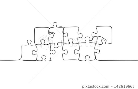 Continuous line drawing of puzzle pieces connected together 142619665