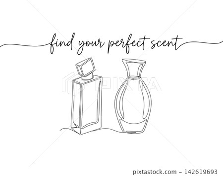 Continuous line drawing of two perfume bottles with text find your perfect scent isolated on white background 142619693
