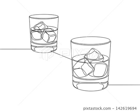 Continuous line drawing of two glasses of whiskey with ice cubes isolated on white background 142619694