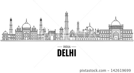 Delhi india skyline vector illustration with famous monuments and landmarks 142619699