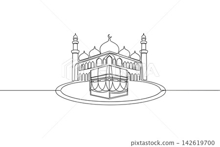 Continuous line drawing of kaaba and masjid alharam in mecca 142619700