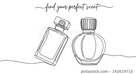 Continuous line drawing of two perfume bottles with text find your perfect scent isolated on white background Continuous line drawing of two perfume bottles with text find your perfect scent isolated on white background 142619718