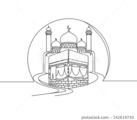 Continuous line drawing of the kaaba and mosque, islamic religious architecture illustration for hajj and umrah pilgrimage themes Continuous line drawing of the kaaba and mosque, islamic religious architecture illustration for hajj and umrah pilgrimage themes 142619730