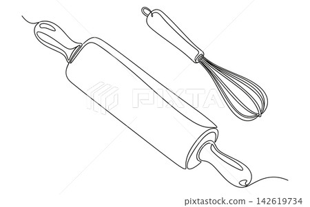 Continuous line drawing of rolling pin and whisk kitchen tools Continuous line drawing of rolling pin and whisk kitchen tools 142619734