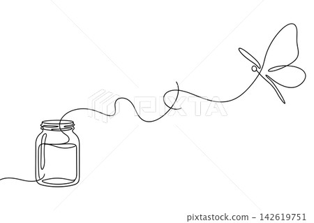 Continuous line drawing of a butterfly flying out of a glass jar isolated on white background 142619751