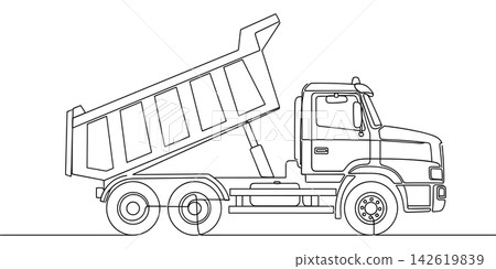 Continuous one line drawing of a heavy dump truck isolated on white background Continuous one line drawing of a heavy dump truck isolated on white background 142619839