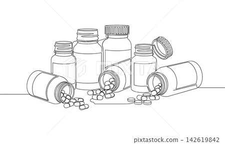 Continuous line drawing of medicine bottles and scattered pills, healthcare and pharmacy concept 142619842