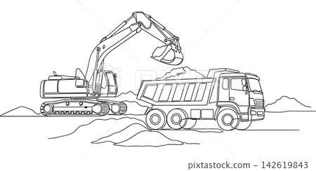 Continuous one line drawing of an excavator loading soil into a dump truck Continuous one line drawing of an excavator loading soil into a dump truck 142619843