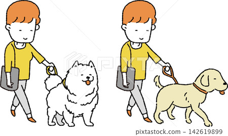 一位女士牽著一隻大狗(薩摩耶犬/尋回犬)的插圖。 一位女士牽著一隻大狗(薩摩耶犬/尋回犬)的插圖。 142619899
